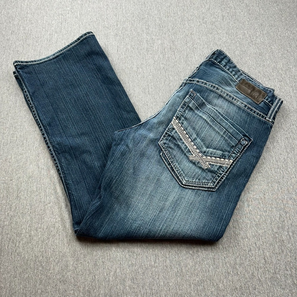 BKE Derek Relaxed Bootcut Jeans Mens 34S (36x29) Blue Denim Pants Thick Stitch